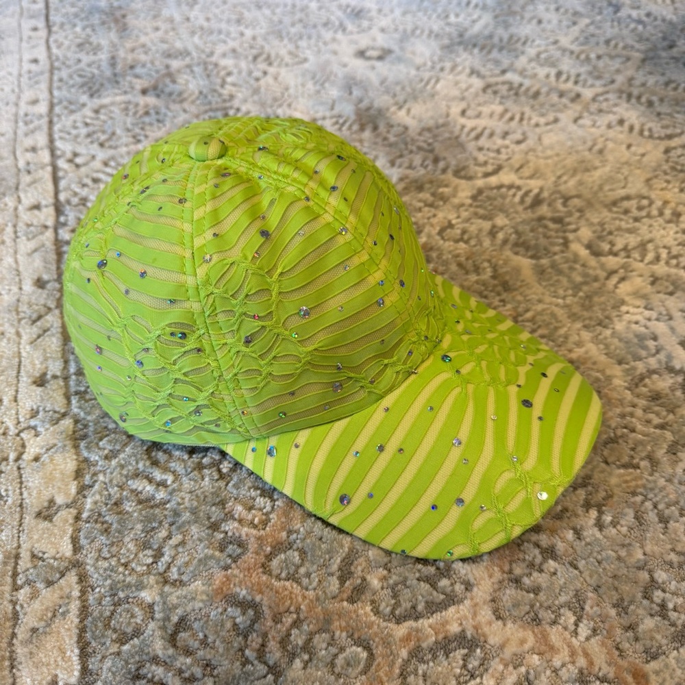 Vintage Brat Green Baseball Hat Rhinestone Sequins Sparkly Y2K Bling Mesh